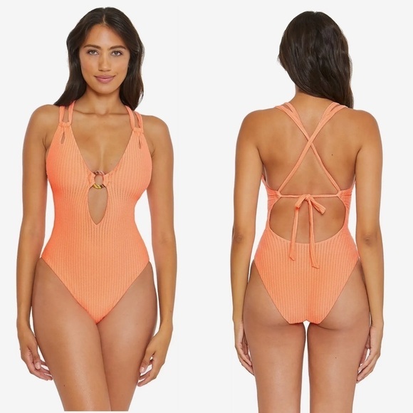 BECCA Line in The Sand Lainey Textured Rib Plunge One-Piece - Picture 1 of 6